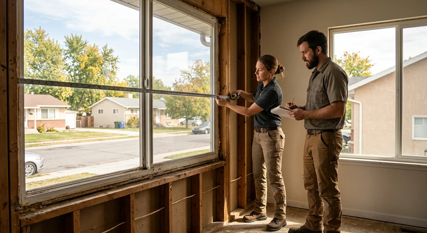 Crew measuring a window opening during a Kearns home consultation
