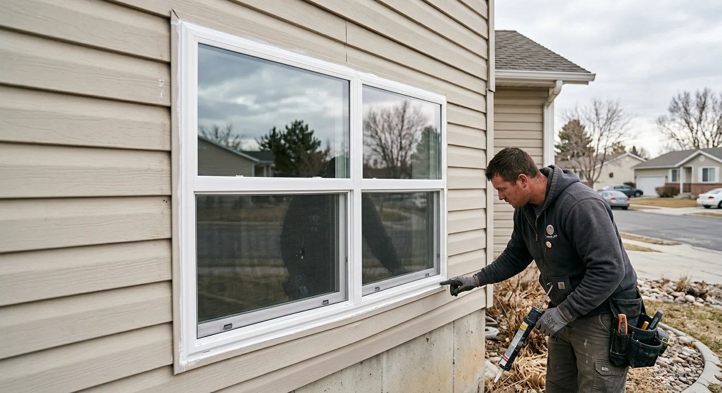 Close-up of new double hung window with fresh caulk seal on a Kearns home