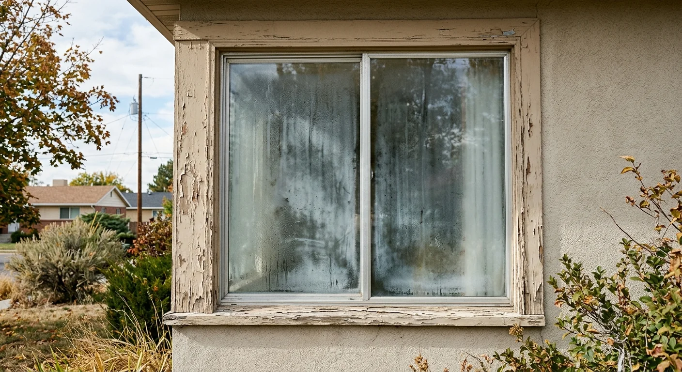 Old worn window with fogged glass before replacement on an older Kearns property