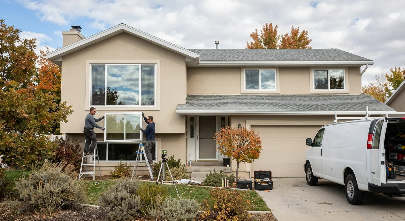 Finished front elevation of a two-story home with new energy efficient windows